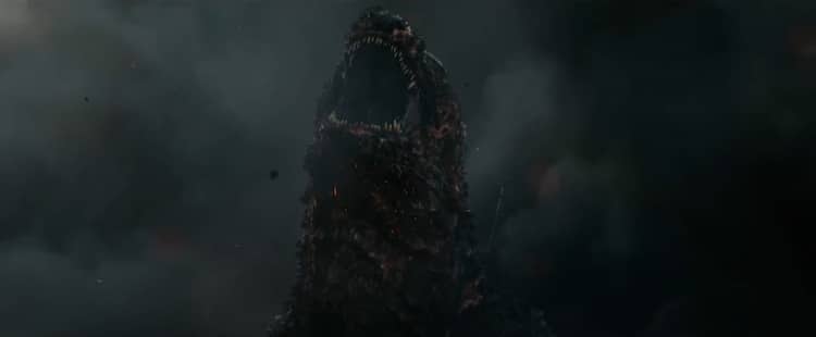 Godzilla roaring into a smoke filled sky