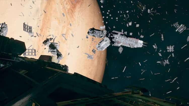Debris floating in space beside a nearby planet