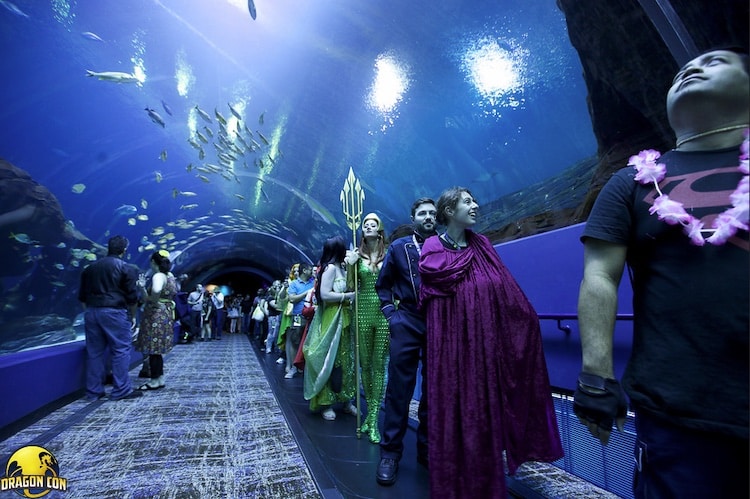 A line of cosplayers walk through a glass tunnel with fish swimming all around them.