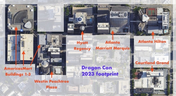 Satellite view from Google Maps showing the physical footprint of Dragon Con in downtown Atlanta.