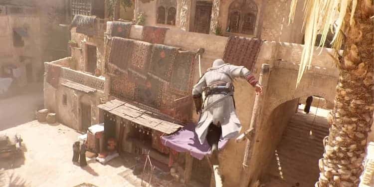 Basim is running across a rope above the city streets. Civilians are walking around below.