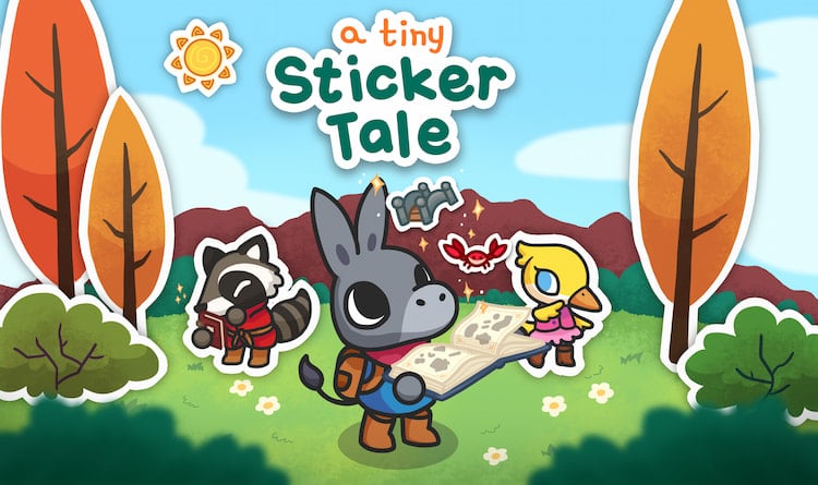 A cartoon donkey, racoon and bird in a forest as a magic sticker book opens