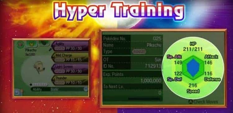 Trailer still from Pokémon Sun and Moon about Hyper Training. There are two gameplay screens that show the basics of Hyper Training.