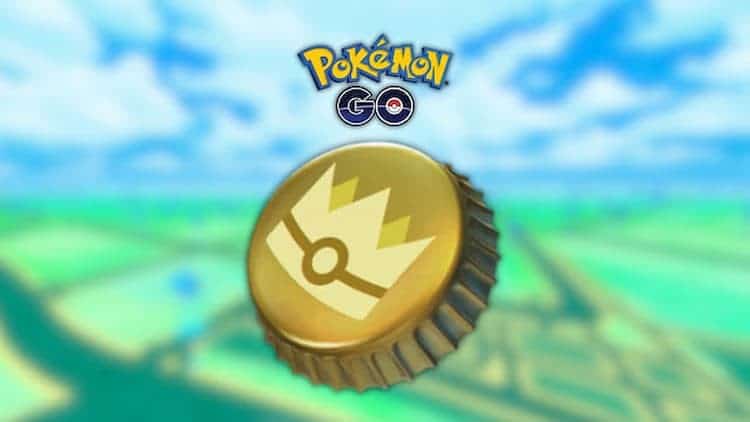A Gold Bottle Cap with a Pokémon Go overworld map in the background. The Pokémon GO logo is at the top of the image.