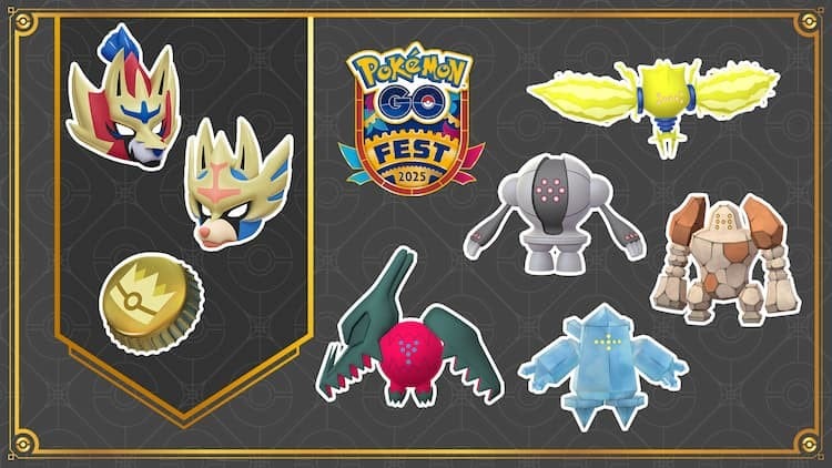 Promotional image for Pokémon GO Fest 2025. Masks of Zamazenta and Zacian, as well as a Gold Bottle Cap, are on the left. Regirock, Registeel, Regice, Regidrago, and Regieleki are on the right. The event logo is in the middle.