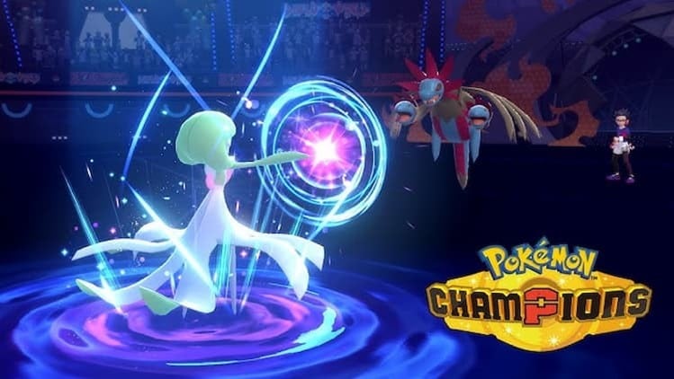 Gameplay screenshot of Pokémon Champions. Gardevoir is attacking Hydreigon with Moonblast. The game logo is in the bottom right corner. The opposing trainer can be seen.