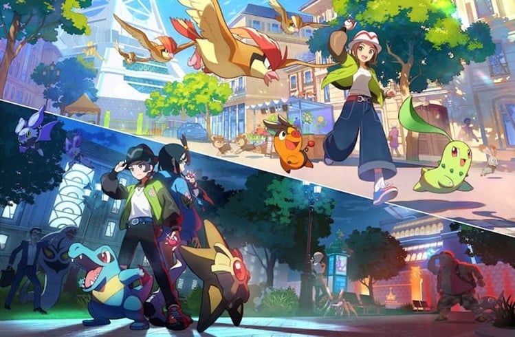 Key visual for Pokémon Legends: Z-A. The image is divided diagonally. The lower left corner has the male protagonist and one of their friends getting ready to battle other trainers at night. Totodile and Staryu are ready to battle. The top right corner has the female protagonist walking through the streets of Lumiose City during the day. Tepig and Chikorita are walking with her. Some Pidgeotto and Pidgy are flying by.