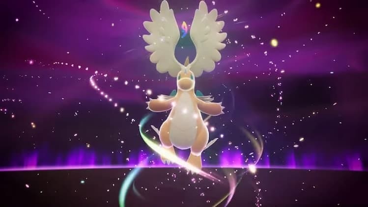 A gameplay screenshot of Mega Dragonite. Dragonite has just Mega Evolved. It has large white wings protruding from its head. They are sticking straight up. Residual particle effects circle Dragonite.