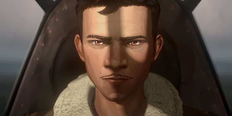Torres is sitting in the cockpit of a fighter plane. He is staring out into the distance. The sun is illuminating part of his face, with the rest obscured by shadows. The ocean is in the background.