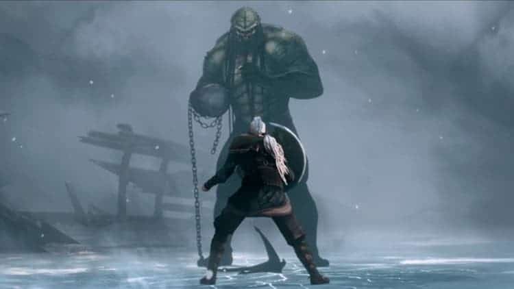 Ursa is standing in front of the Buff Predator on a frozen lake. Ursa has her shield in her right hand. It is in a defensive position. The Buff Predator is getting ready to punch Ursa. A chain is hanging from its right hand. Destroyed ships are in the background.