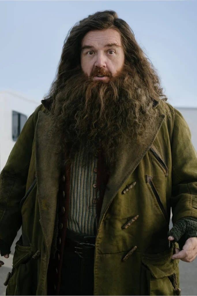 Nick Frost looks at the camera in full beard and robes as Hagrid