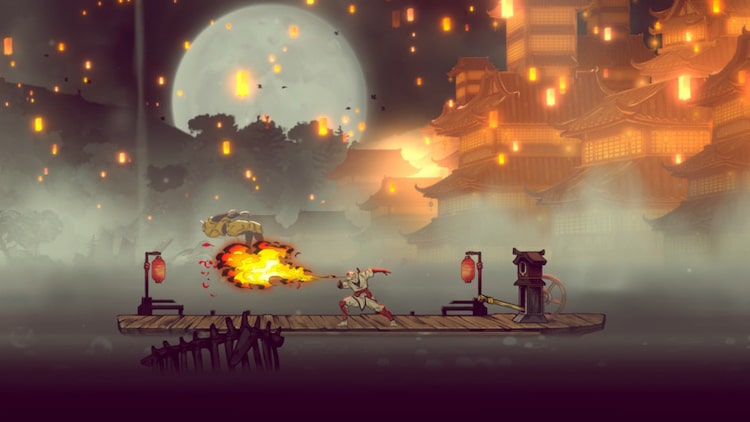 Joe Musashi is blowing fire at a yellow ninja. He is standing on a floating platform. There are lots of lanterns in the air.