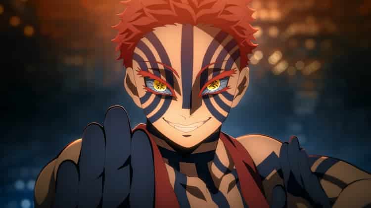 Akaza is in his fighting stance, ready to attack. He has a massive smile on his face with an overall evil look. The Infinity Castle stretches out behind him.