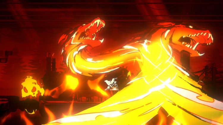 Two fire dragons have enveloped the screen. Joe Musashi is in the center, surrounded by fire.