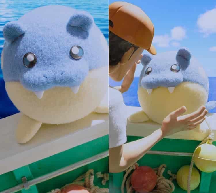 Two images of Spheal next to each other. The Spheal on the left is on the edge of a boat, looking upwards at the camera. The Spheal on the right is looking at a young Dan on the boat. Both images are in the middle of the day.