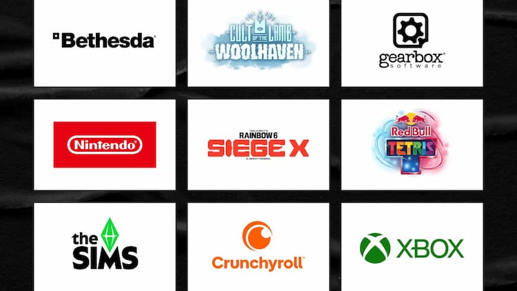 A lineup of exhibitors at PAX Aus 2025. From top left: Bethesda, Cult of the Lamb: Woolhaven, Gearbox Software, Nintendo, Rainbow 6 Siege X, Redbull, The Sims, Crunchyroll, and Xbox.