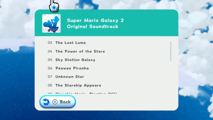 Screenshot of the soundtrack available to listen to in the game.