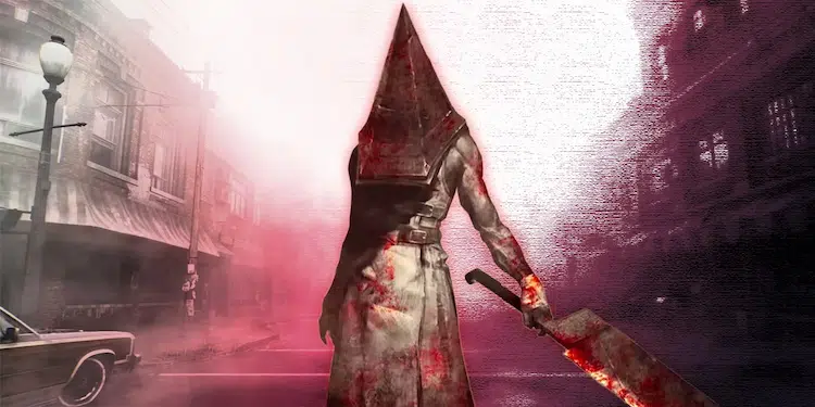 Pyramid Head is standing in the middle of the street.